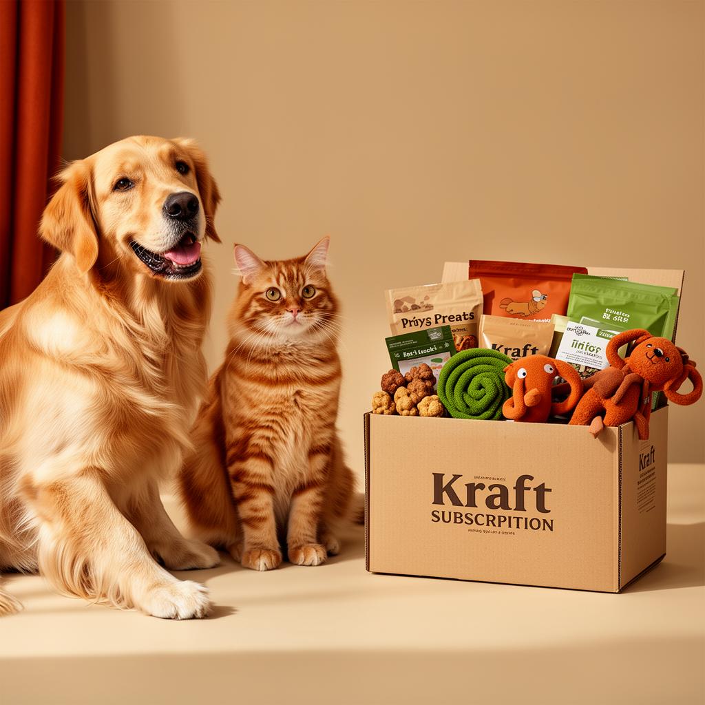 Cachorro e gato felizes ao lado de um kit PetVila Club